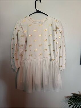 5 for $20! Girls Cream Dress with Gold Foil unicorns